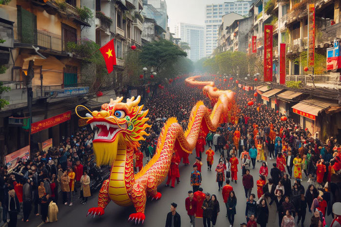 Hình ảnh một con rồng dài nổi bật giữa không gian lễ hội đông đúc.