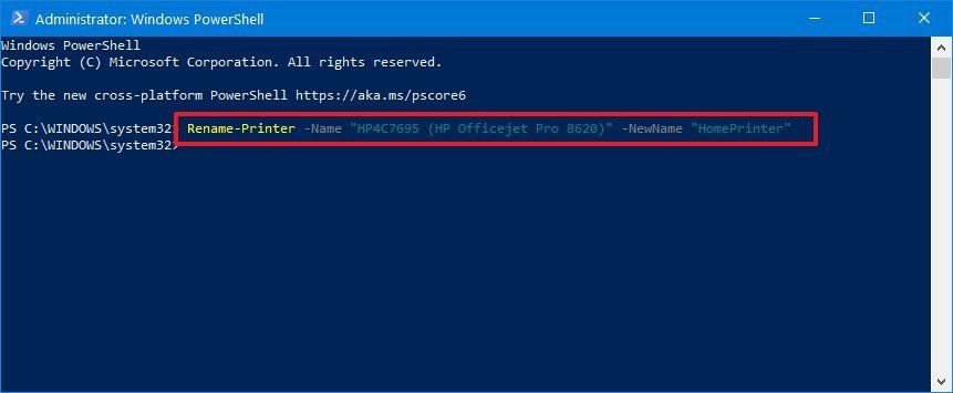 Printer renaming command in PowerShell