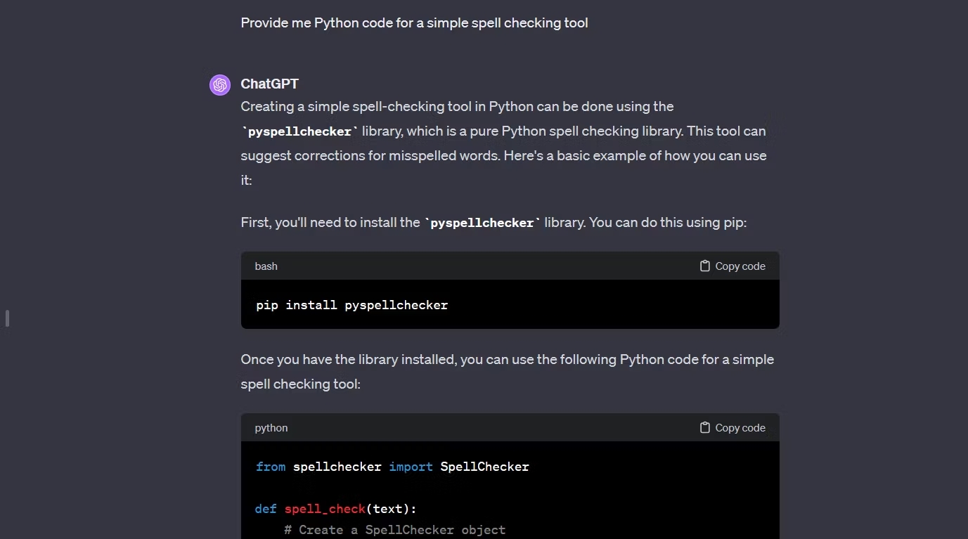 Phản hồi trích đoạn code Python ChatGPT trong trình duyệt trên máy tính