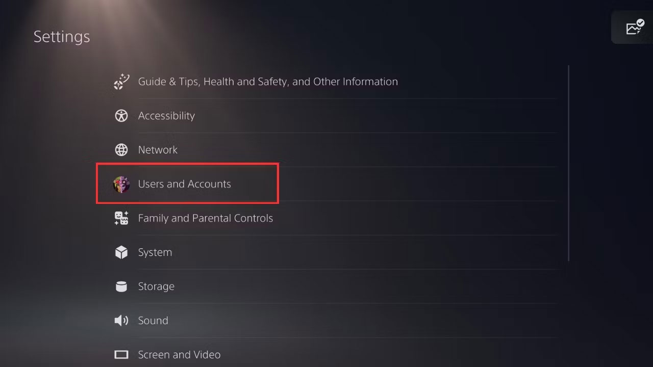 Tùy chọn Users and Accounts trong cài đặt PS5