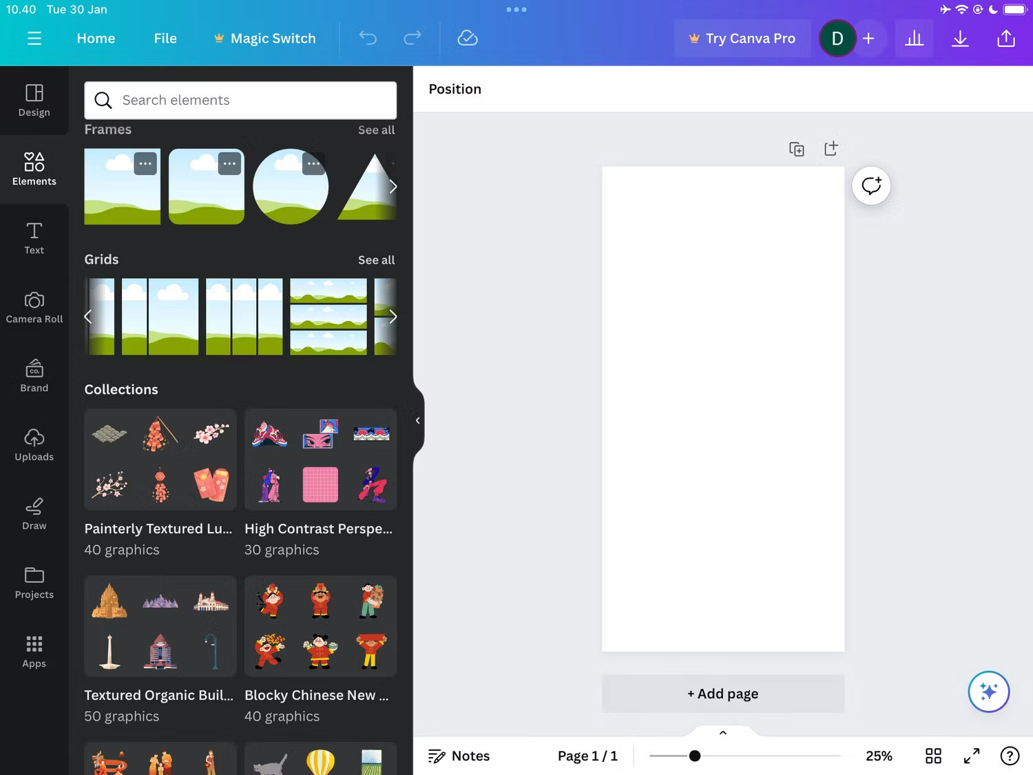 Chọn lưới ưa thích trong ứng dụng Canva iPadOS