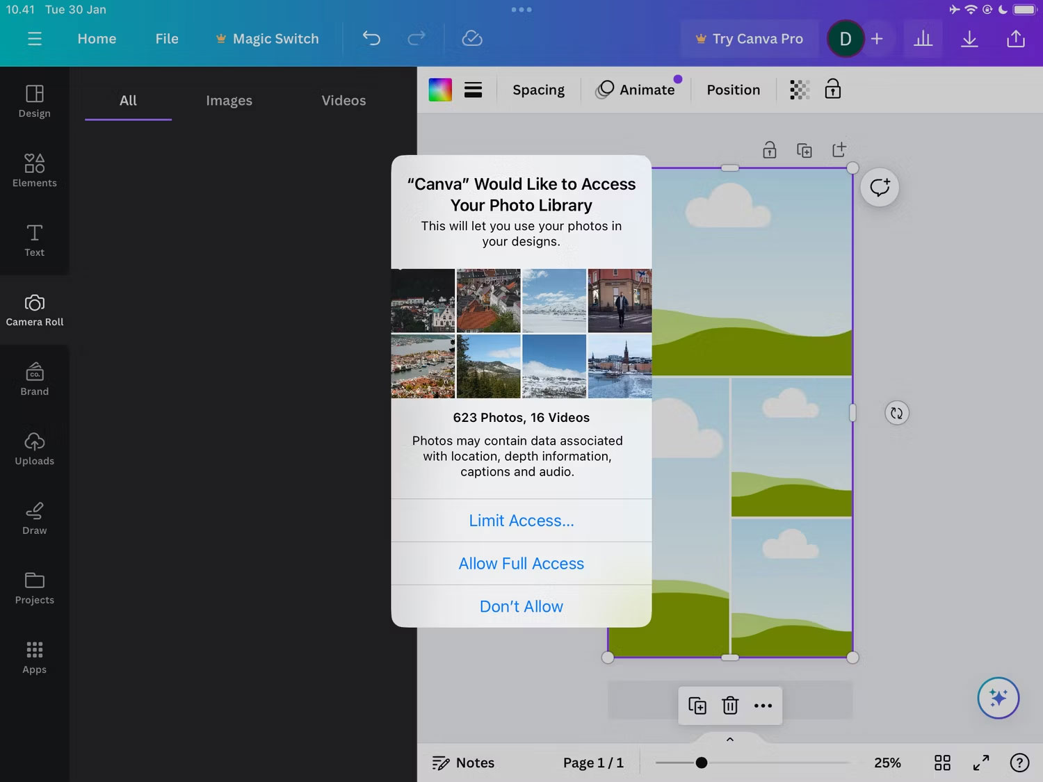 Cấp cho Canva quyền truy cập vào thư viện ảnh của bạn trong ứng dụng iPadOS