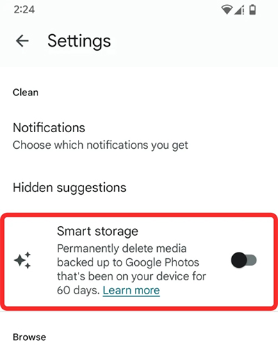 Kích hoạt Smart Storage Files tren Android 