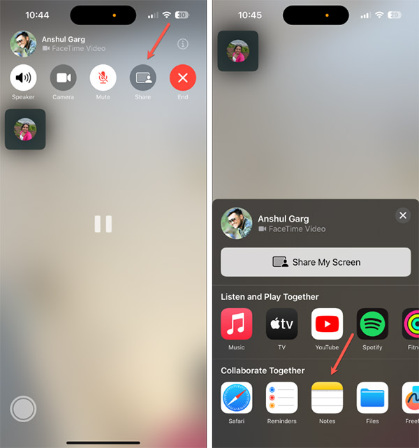 Chọn cộng tác ghi chú FaceTime