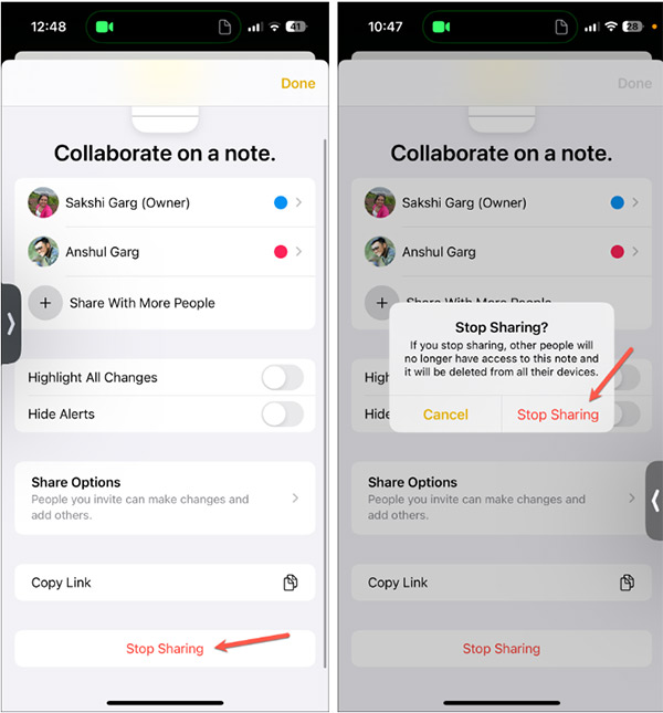 Dừng cộng tác ghi chú FaceTime