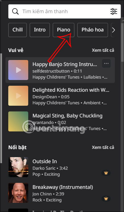 Hiển thị kho âm thanh trên Canva 