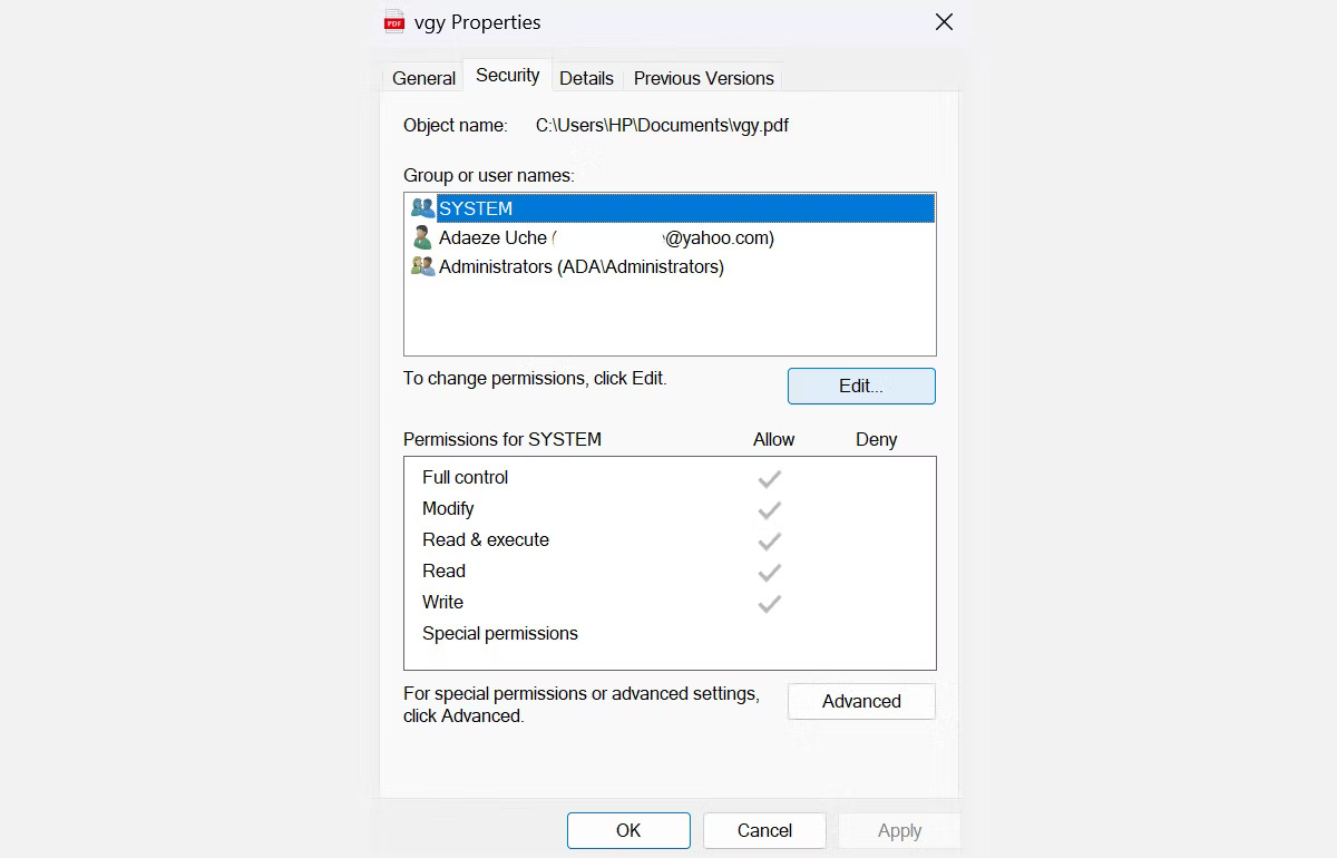 Security tab in file properties on Windows 11