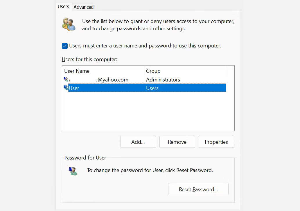 The Users tab displays users on the computer