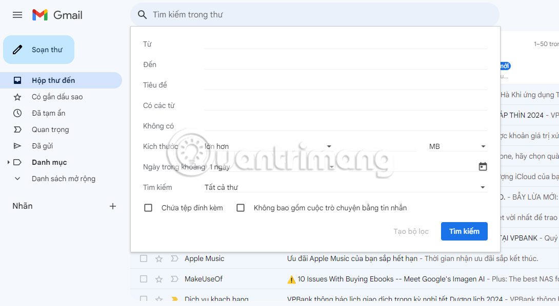 Optional menu searching for Gmail filter