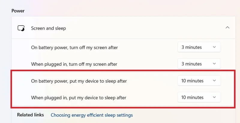 Tùy chọn nguồn cho chế độ Sleep trong Windows 11 với bộ hẹn giờ hiển thị.
