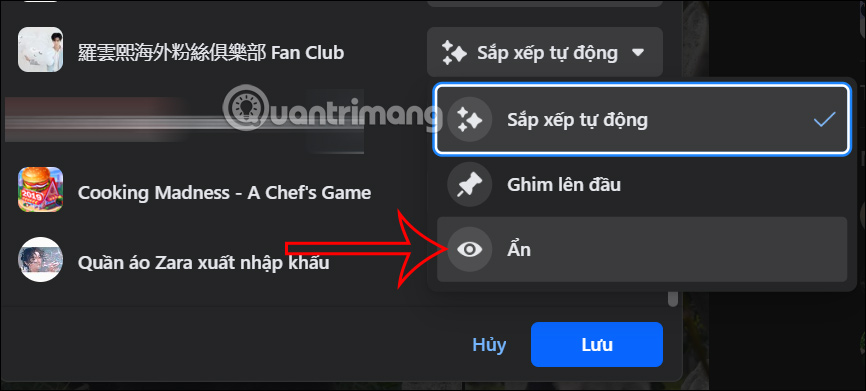 Chọn lối tắt muốn ẩn trên Facebook PC