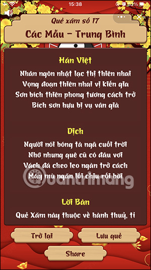 Nội dung quẻ thẻ bốc trên Zalo