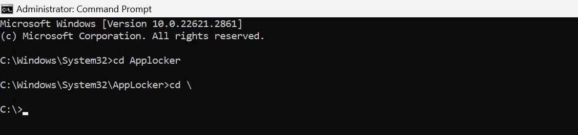 Sử dụng lệnh để quay lại thư mục gốc của ổ “C” trong Windows Command Prompt.