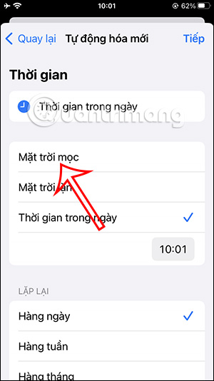 Chọn tác vụ mặt trời mọc