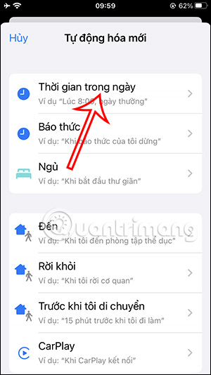 Chọn tác vụ Thời gian trong ngày