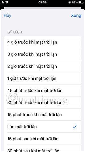 Thời gian mặt trời lặn
