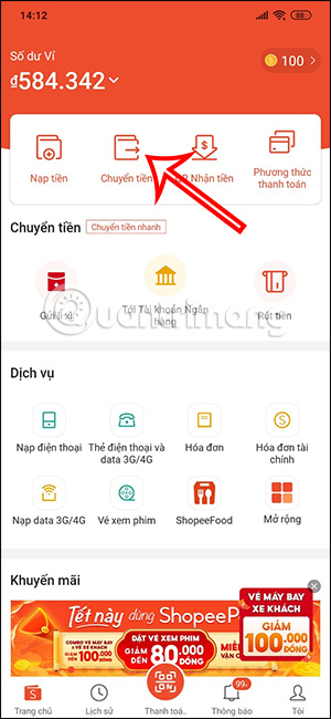 Chuyển tiền trên ShopeePay