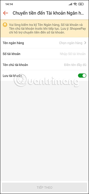 Chọn ngân hàng chuyển tiền từ ShopeePay