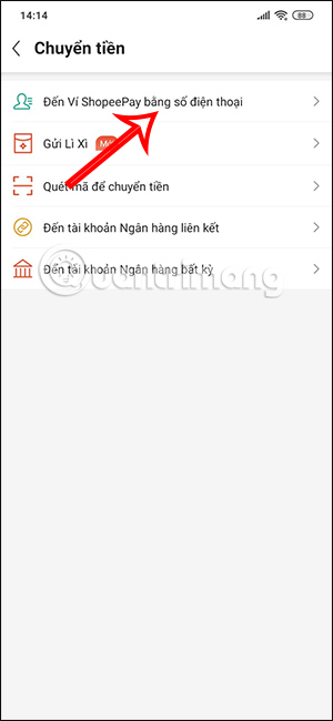 Chuyển tiền từ ShopeePay bằng số điện thoại