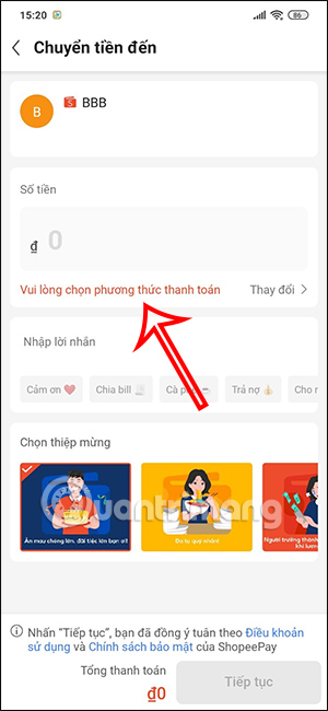 Chọn phương thức chuyển tiền