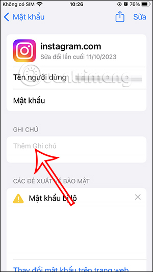 Ghi chú cho mật khẩu lưu trên iPhone