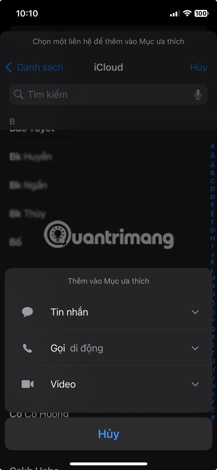 Chọn một liên hệ để thêm vào mục yêu thích