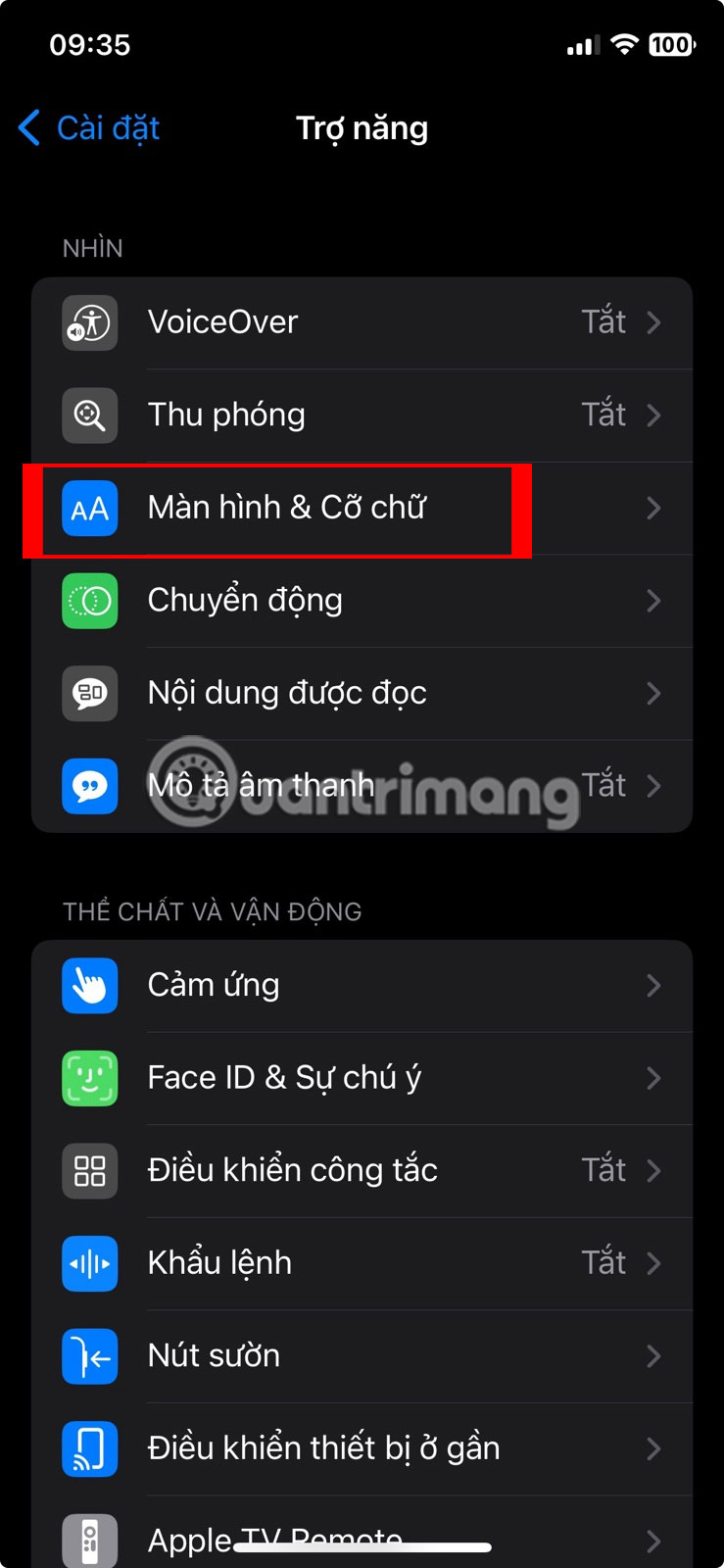 Chọn Màn hình & cỡ chữ