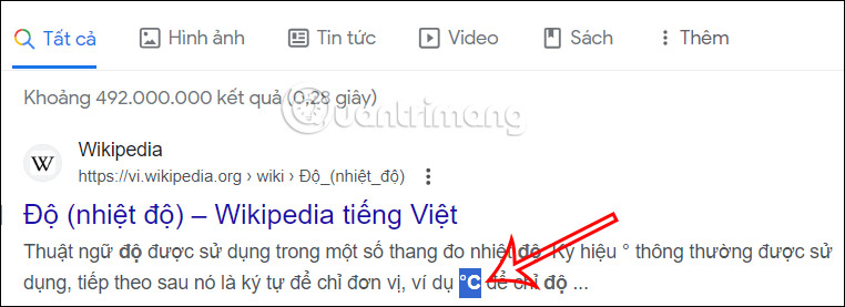 Tìm ký hiệu độ C 