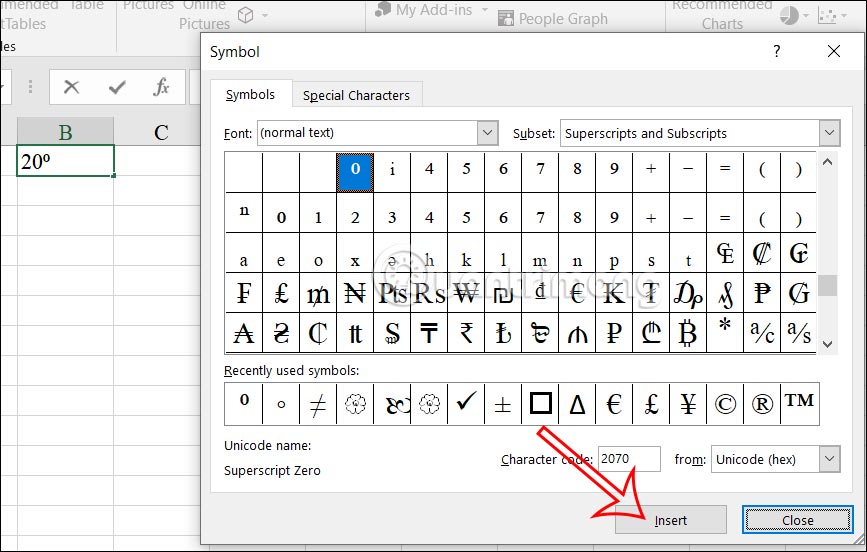 Chèn biểu tượng độ C trên Excel 