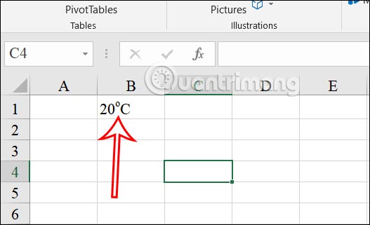 Chèn ký hiệu độ C trong Excel 