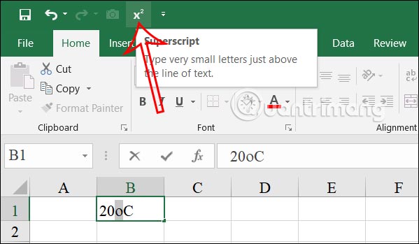 Biểu tượng số mũ viết độ C trong Excel 