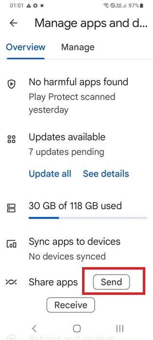 Chia sẻ ứng dụng bằng cách nhấp vào Send trong "Manage Apps and Device" của ứng dụng Google Play.