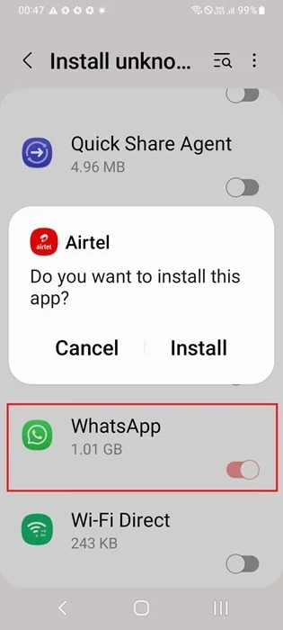 Kích hoạt cài đặt ứng dụng không xác định cho WhatsApp trên điện thoại.