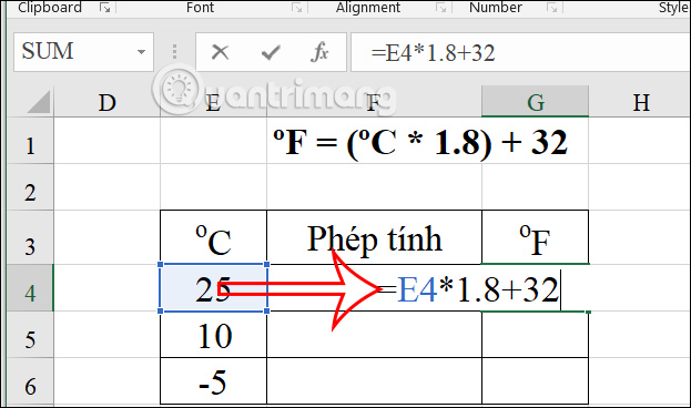 Công thức chuyển độ C sang F trên Excel 