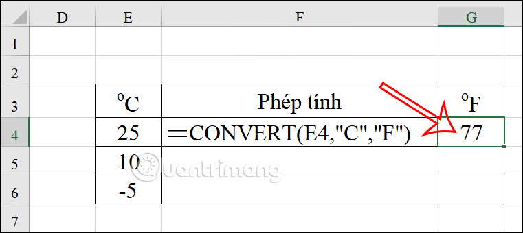Hàm Convert trong Excel chuyển độ C sang độ F