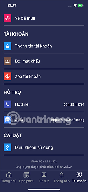 Tùy chỉnh tài khoản app chiếu phim rạp Quốc gia