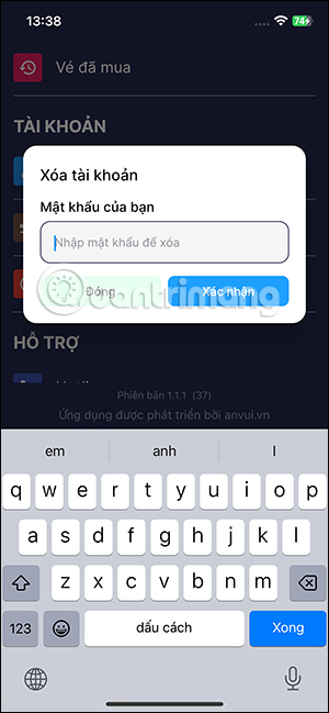 Xóa tài khoản đặt vé rạp Quốc gia