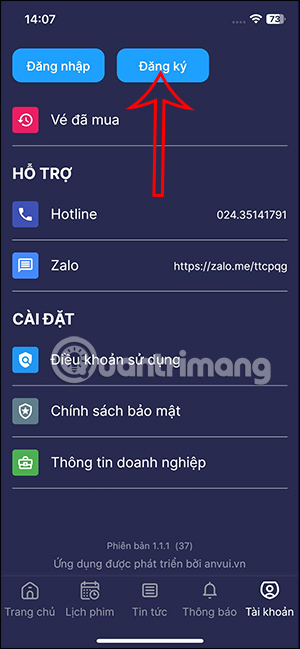 Đăng ký app đặt vé rạp Quốc gia