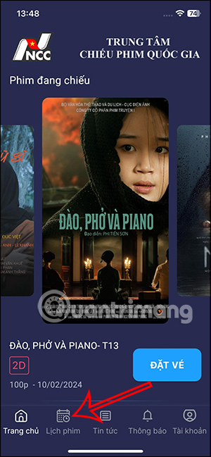 Giao diện app đặt vé phim rạp Quốc gia