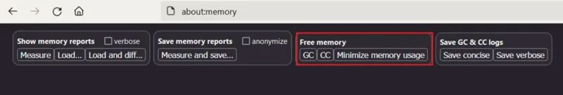 Tùy chọn Free memory trong trang about:memory trên Firefox.