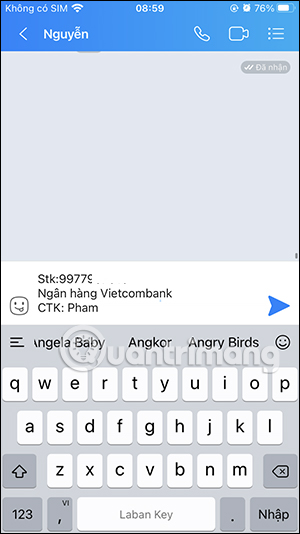 Thông tin chuyển khoản trên Zalo 