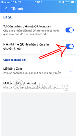 Bật liên kết thanh toán mã QR Zalo