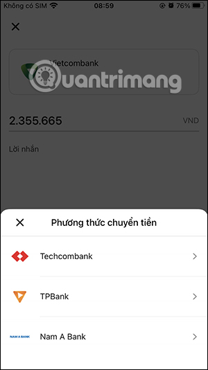 Chọn ngân hàng thanh toán