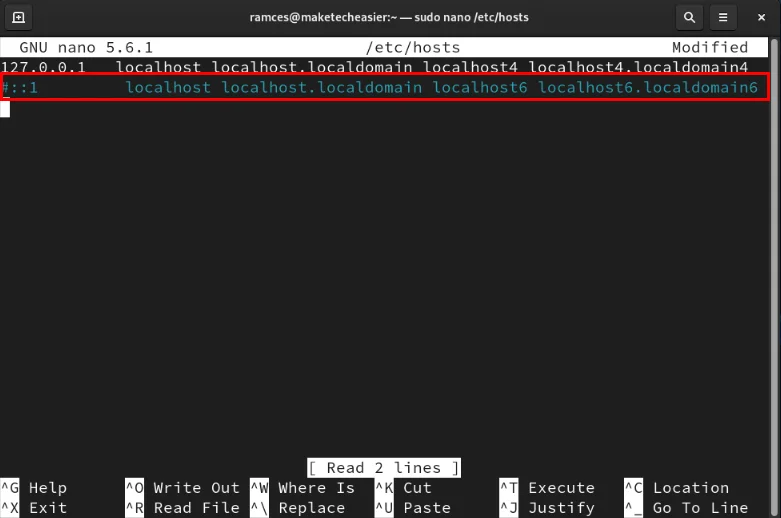 Terminal hiển thị địa chỉ IPv6 trong /etc/hosts bị vô hiệu hóa.