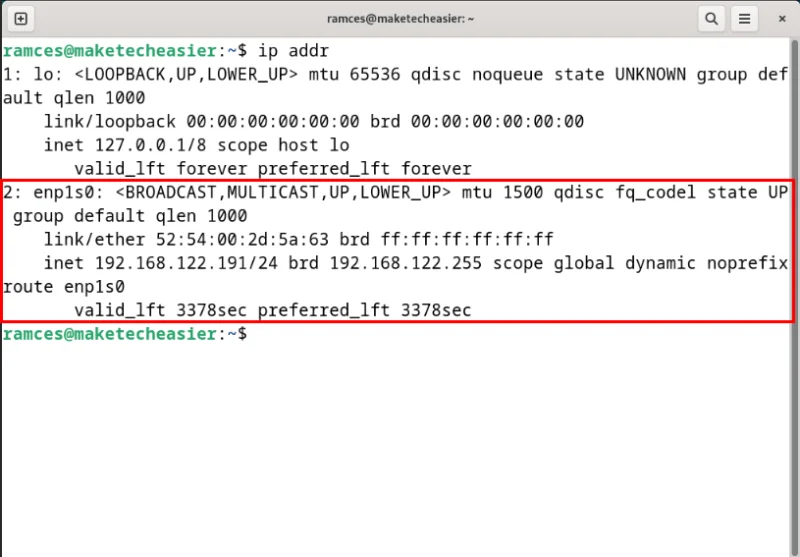 Terminal hiển thị interface mạng Ethernet mà không chạy ngăn xếp IPv6.