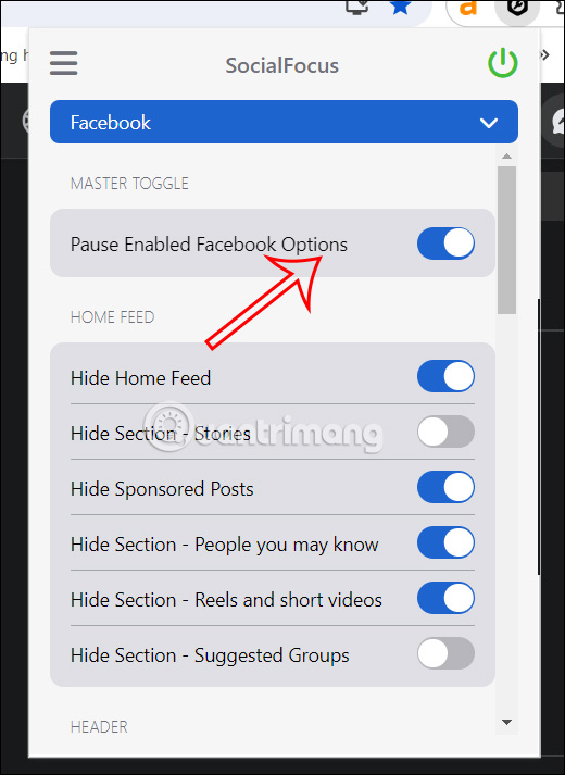 Tắt tất cả tùy chọn trên SocialFocus