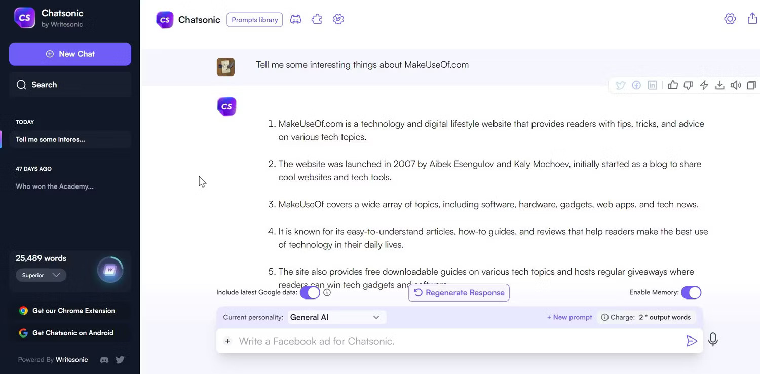 Chatsonic tháng 8 năm 2023