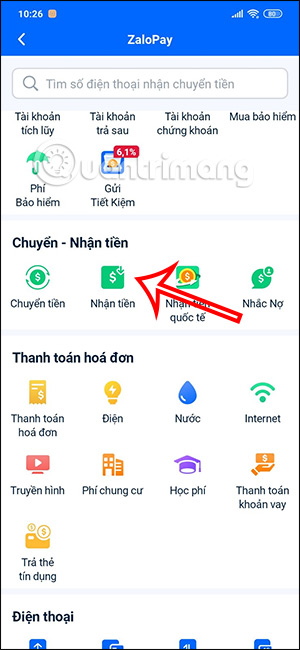 Nhận tiền trên ZaloPay