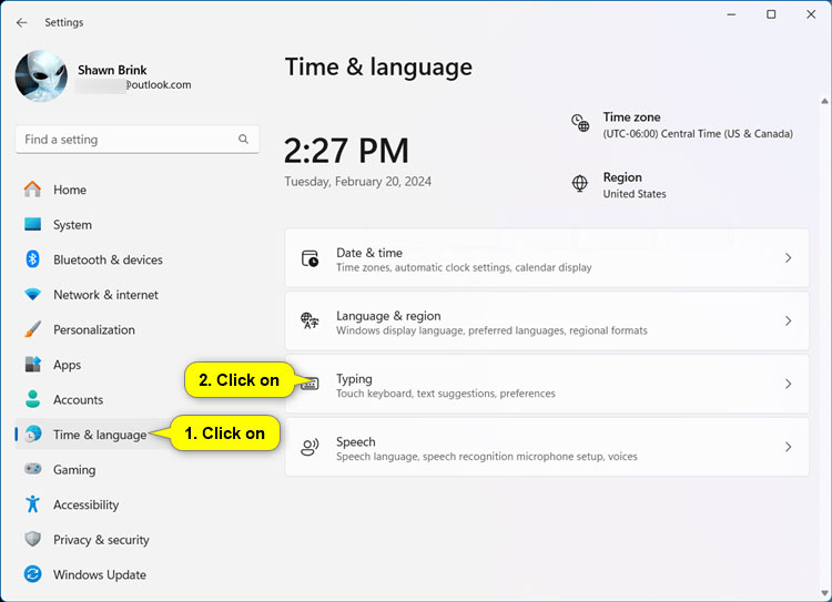 Nhấp vào Time & language > Typing