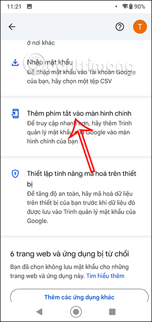 Thêm trình quản lý mật khẩu Google vào màn hình chính